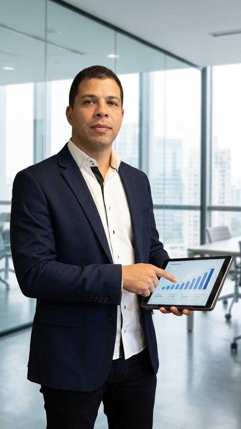 Luciano Rosendo com traje executivo apresentando indicadores financeiros em um tablet